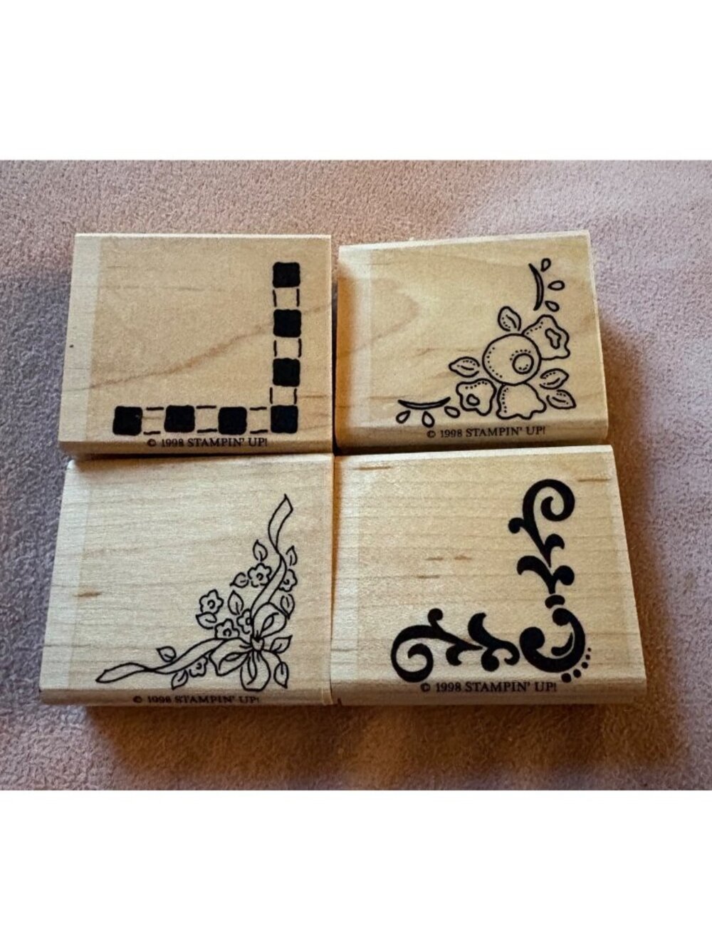 1998 Stampin Up! Wood-Mounted Rubber Corner Stamps Set Of 4 Floral & Geometric